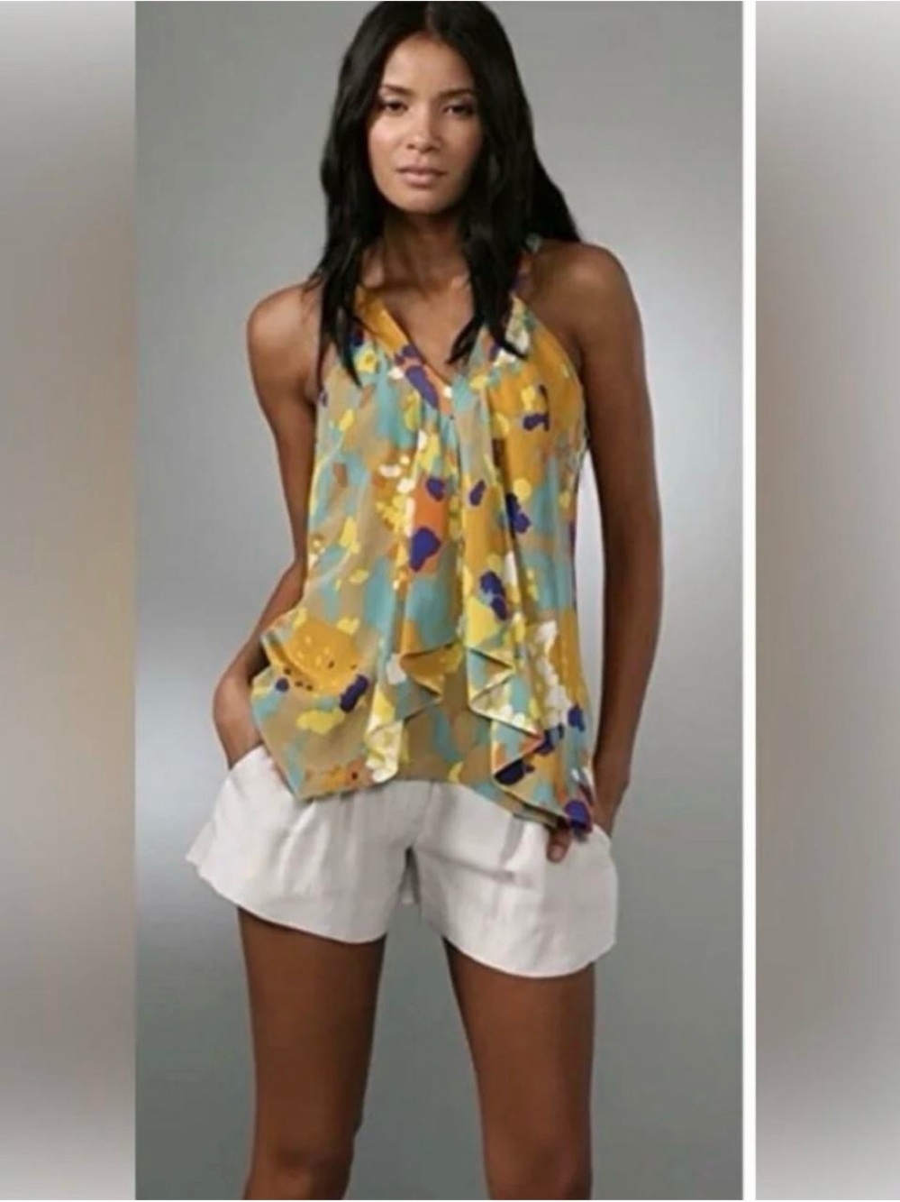 Diane Von Furstenberg Yellow Multicolor Ruffle Halter Camisole